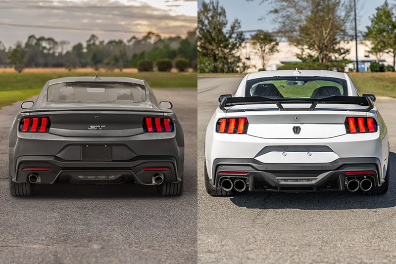 Mustang Dark Horse rear spoiler compared with Mustang GT decklid