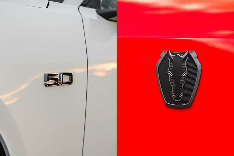 Mustang Dark Horse badge compared with Mustang GT badge
