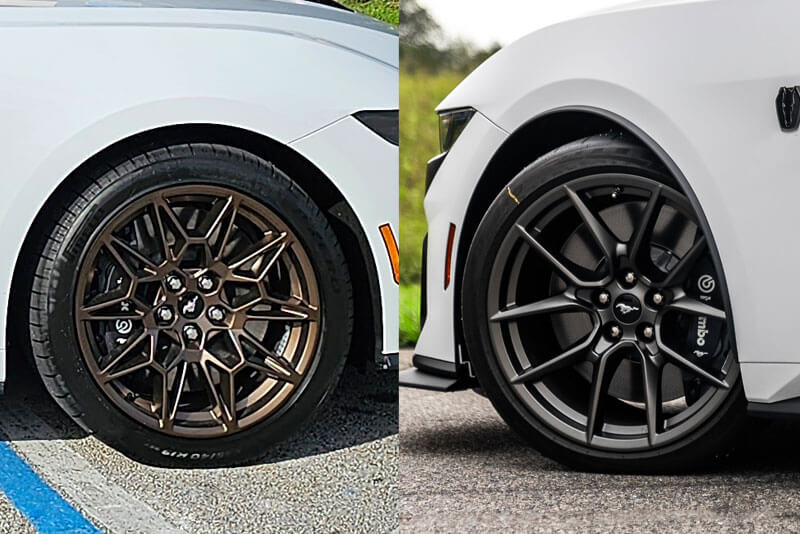 Mustang Dark Horse Brembo brakes and wheel compared with Mustang GT