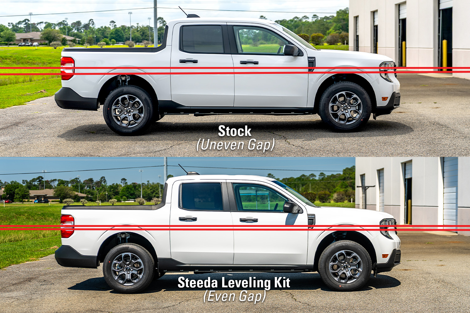 Steeda Maverick Billet Aluminum 1.25 inch Front Leveling Kit - before and after