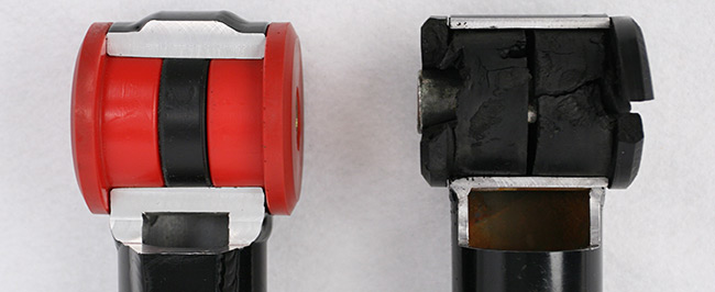 Steeda's Three Piece Bushing (left) Eliminates Bind Unlike Other Brands, Which are Known to Fail