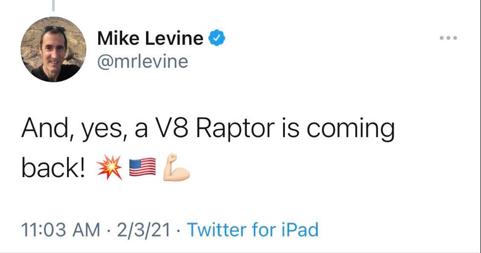 Mike Levine V8 Raptor Tweet